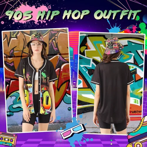 Vista 4 de Traje de los años 80 y 90 para mujer, disfraz unisex de hip hop, camiseta de béisbol, pantalones de yoga, sombrero de pescador, cadena dorada