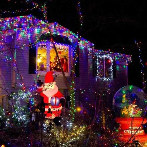 Vista 6 de iShabao Luces de Navidad multicolor para exteriores, 2 paquetes de 150 luces LED solares de Navidad de 49 pies, 8 modos de luces impermeables