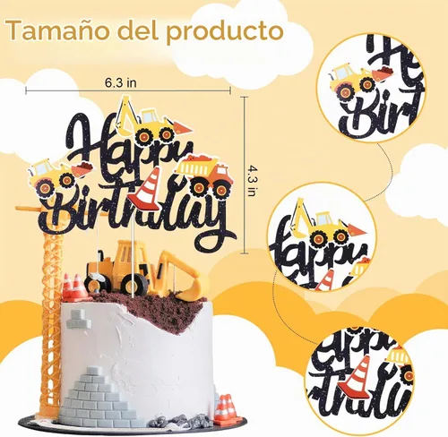 Vista 2 de Decoración para Pastel con Tema de Construcción Feliz Cumpleaños Decoración de Pastel con Purpurina de Construcción Palillo para Pastel Camión 1