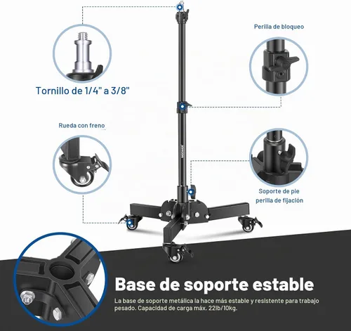 Vista 5 de NEEWER – Soporte de luz resistente con ruedas, 2.4 pies de altura máxima, soporte de trípode plegable para disparos de ángulo bajo/sobre mesa