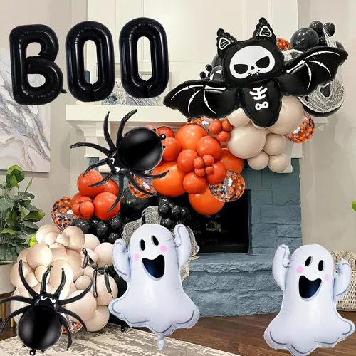 Vista 4 de Decoraciones de globos de Halloween, letras de abucheo negro, fantasma, murciélago, globo de lámina de araña para decoraciones de fiesta de Halloween