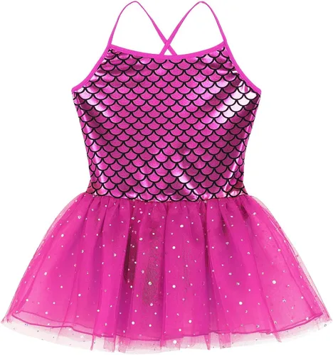 Vista 3 de Freebily Vestido tutú de princesa con tirantes brillantes, escamas de pez, gimnasia, ballet, leotardo