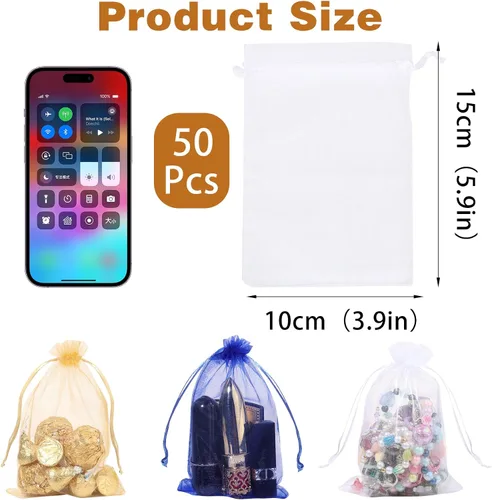 Vista 2 de Partyeah 50 bolsas de organza de 4 x 6 pulgadas, pequeñas bolsas de malla para joyas, bolsas con cordón para bolsas de regalo de organza de dulces