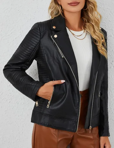 Vista 3 de Bellivera Chaqueta informal de piel sintética, abrigo de motocicleta de moda para otoño y primavera, para mujer