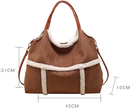 Vista 5 de Bolso grande para mujer, bolso cruzado de gamuza con asa superior con forro de lana de cordero sintético, bolso de viaje para el trabajo