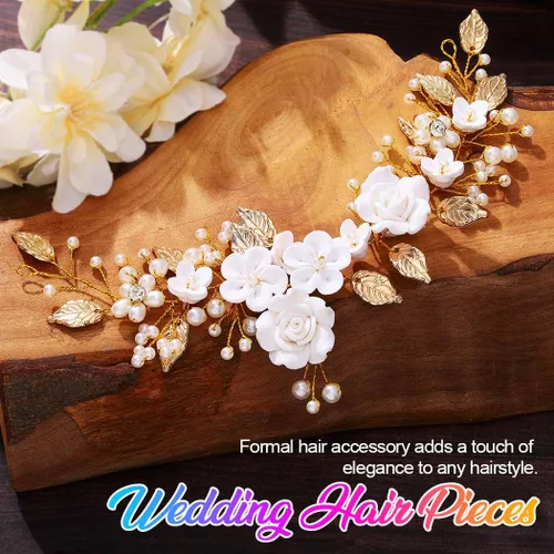Vista 2 de Unicra Flor novia pelo vid perla pieza de pelo nupcial hoja accesorios para el pelo diadema de diamantes de imitación para mujeres y niñas (dorado)