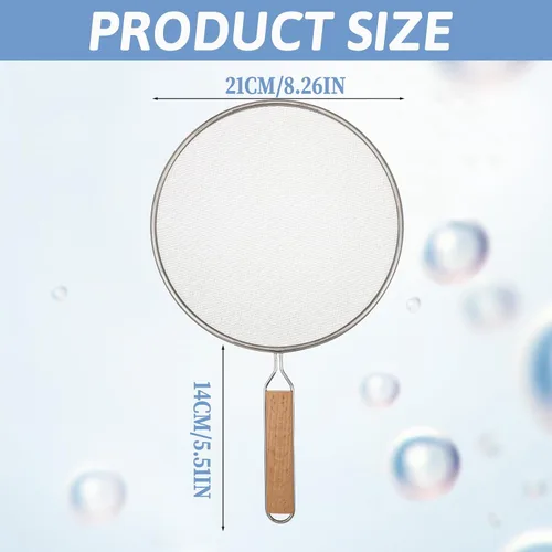 Vista 2 de Pantalla de salpicaduras para sartén de acero inoxidable de 8 pulgadas, protector de salpicaduras de grasa con mango de madera, protector