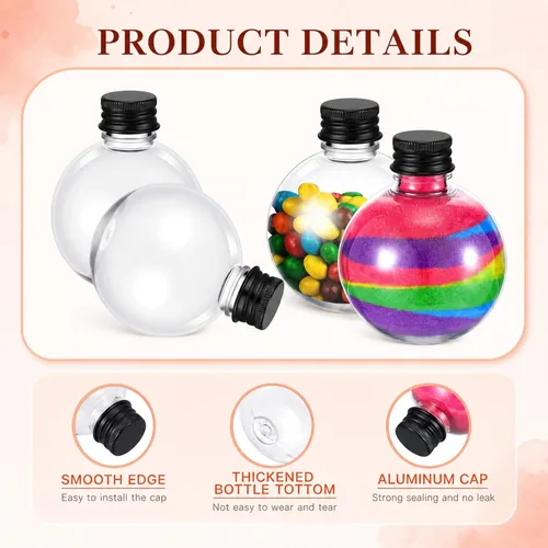 Vista 3 de FoldTier 48 Pcs Plastic Potion Bottles with Caps,Black,Aluminum Cap 3.4 oz, Round Sand Art Bottles, Spherical Clear Plastic Containers, Cocktail