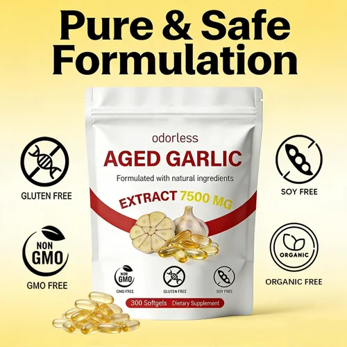 Vista 5 de Extracto de ajo envejecido de 7500 mg, suplemento de ajo orgánico inodoro para apoyo inmunológico y bienestar antioxidante, cápsulas blandas