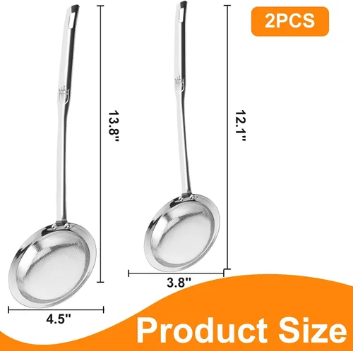 Vista 7 de Colador de tamiz de acero inoxidable de malla fina (paquete de 2, grande y pequeño), colador de malla para aceite de cocina, cuchara espumadora