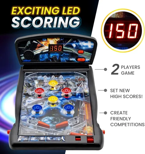 Vista 2 de New Era Pinball Game Black - Máquina interactiva de pinball de mesa o piso para niños y adultos - Puntuación LED, luces y sonidos, juego