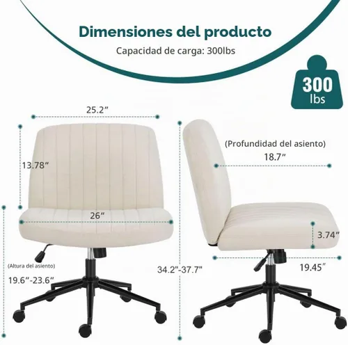 Vista 2 de Silla cruzada con ruedas, asiento ergonómico giratorio sin brazos, cómodo asiento de tocador, respaldo ancho y altura ajustable para hogar, oficina