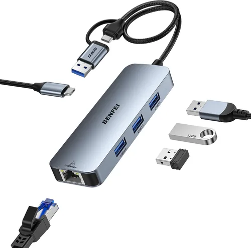 Vista 7 de BENFEI Adaptador USB-C/USB 3.0 a Ethernet 2 en 1 con 3 puertos USB 3.0 compatibles con iPhone 15 Series, MacBook Pro/Air 2023/2022/2021/2020/2019