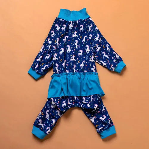 Vista 7 de LovinPet Pijamas Grandes para Perros – Camisa de unicornio para perro, mameluco de recuperación poscirugía, sirenas y unicornios estampado Azul