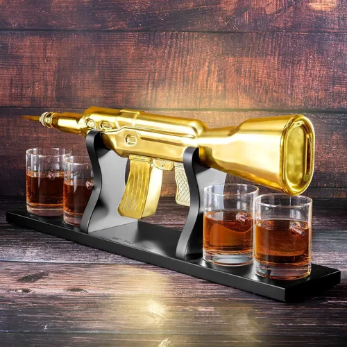 Vista 6 de Juego de decantador de whisky AK Gold con 4 vasos de whisky bala - The Wine Savant, regalo para padres, tíos, hijos - Regalos para veteranos, regalo