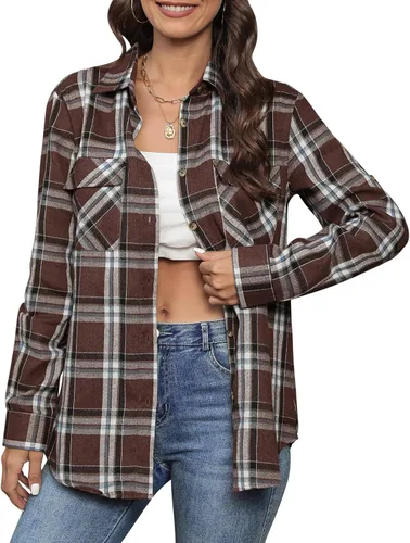 Vista 4 de siliteelon Camisas de franela a cuadros para mujer, de manga larga, con botones, de algodón, estilo novio, informal, con puños