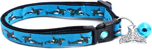 Vista 4 de Orca Whales on Red Cat Collar - Safety - Breakaway - Charm and Bell - Pugs2Persians (Small(10lbs & Less), Aqua)