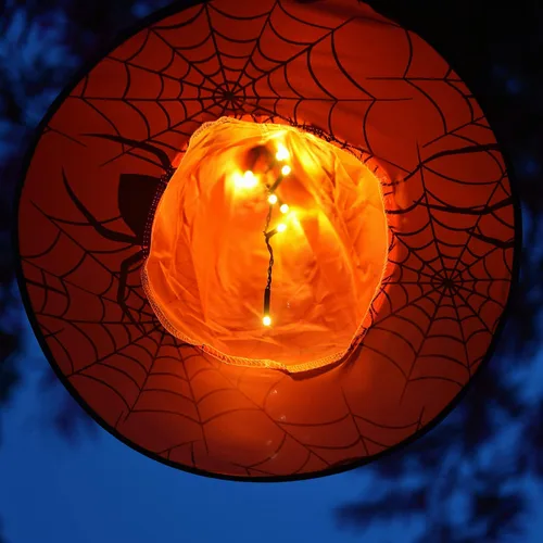 Vista 4 de WATERGLIDE Decoraciones de Halloween, 8 sombreros de bruja colgantes iluminados, con 8 modos de iluminación, cadena de luces de Halloween de 16