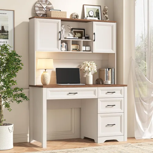 Vista 13 de Halitaa Escritorio ejecutivo de granja con cajones, escritorio de madera para computadora con amplio cajón de archivos, escritorio rústico