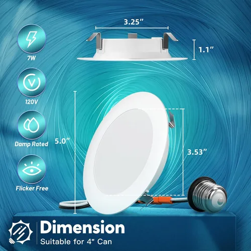 Vista 4 de FREELICHT Paquete de 4 luces LED empotrables de 4 pulgadas, seleccionables 2700 K/3000 K/4000 K/5000 K/6000 K, luces LED planas regulables, 7 W = 60