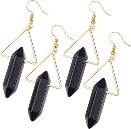 Vista 4 de TUMBEELLUWA Aretes colgantes de piedra de cristal curativo para mujer, aretes hexagonales de cuarzo con puntos triangulares