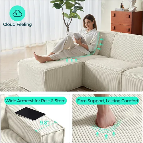 Vista 3 de LINSY HOME Sofá Seccional Modular, Sofá Sin Huesos en Forma de L de 105", Sofá de 3 Asientos con Otomana Móvil, Sofás Seccionales Nube de Pana