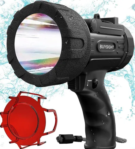 Vista 11 de BUYSIGHT Linterna Reflector Recargable, 1,000,000 lúmenes Reflector de Mano Linterna Impermeable Lámpara de Caza con Filtro Rojo (Verde Camuflaje)