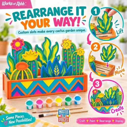 Vista 4 de Works of Ahhh... Juego de manualidades - Kit de pintura de madera prémium para jardín de cactus