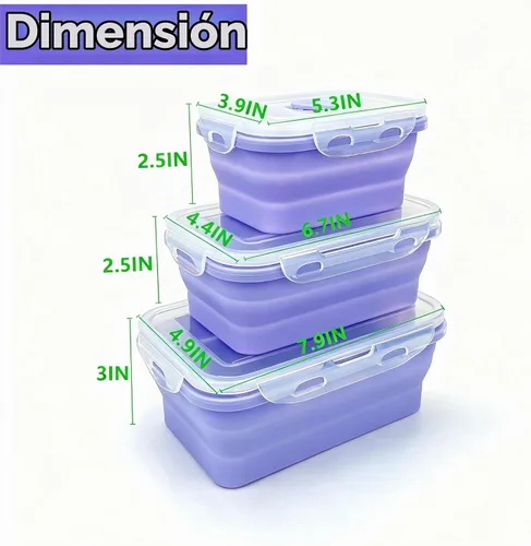 Vista 2 de Contenedores plegables morados para preparación de comidas, cuencos de campamento, caja Bento de silicona con tapa de plástico hermética, apto