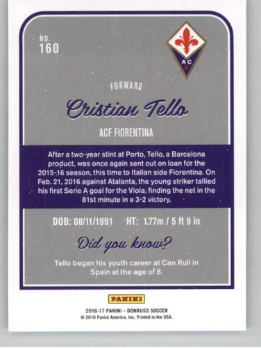 Vista 2 de 2016 Donruss #160 Cristian Tello ACF Fiorentina Tarjeta de Fútbol