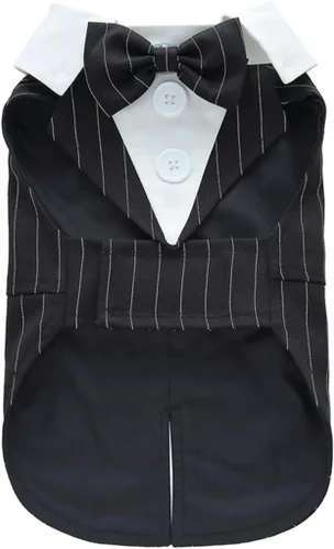 Vista 8 de Esmoquin para cachorro con corbata de moño desmontable, para graduación, boda, uso formal, disfraz de príncipe para perros pequeños (XS, negro)