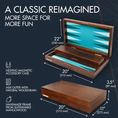 Vista 6 de Pointworks Juego de Backgammon de 20 Pulgadas Grande para Adultos, Tablero de Backgammon Verde, Madera Sólida. Bandeja de Accesorios Desmontable