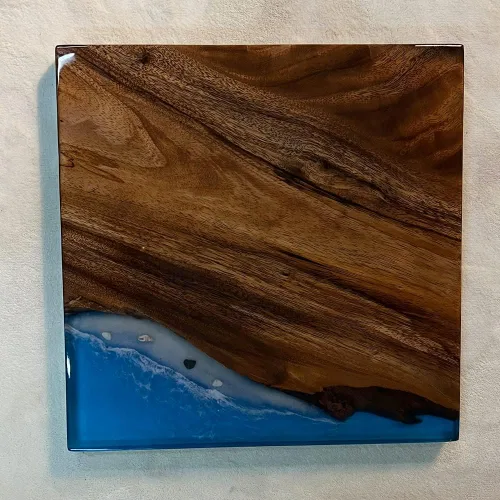 Vista 3 de Mesa de epoxi transparente, mesa de sofá con forma cuadrada, mesa auxiliar de resina de madera, mesa de centro de madera con borde natural para sala