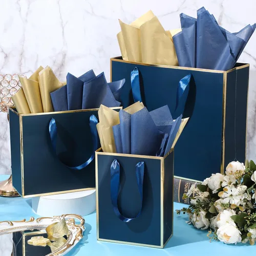 Vista 5 de Yeaqee 12 bolsas de regalo de papel metálico con asa, tamaño surtido, incluye 8, 10, 13 pulgadas, bolsa de regalo de agradecimiento de 5 sentidos