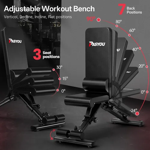 Vista 2 de PASYOU Adjustable Weight Bench, 660LB Foldable Workout Bench for Home Gym, Incline Flat Bench Press for Full Body Workout, Dual-Frame Strength