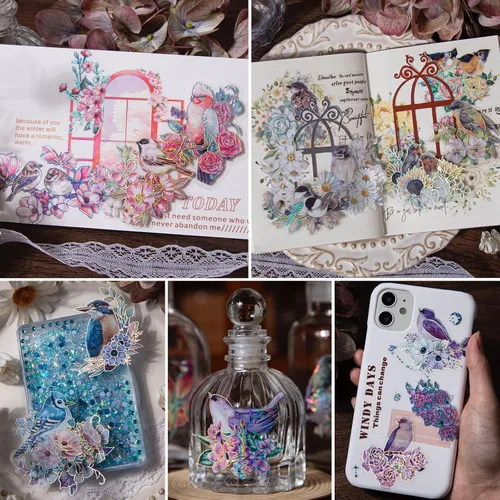 Vista 4 de LakoArt 120 calcomanías de pájaros y flores con borde holográfico plateado y fondo transparente, calcomanías de álbum de recortes de naturaleza
