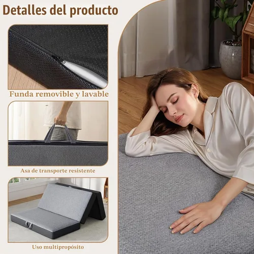 Vista 4 de Colchón triple tamaño Queen de 6 pulgadas, colchón plegable de espuma viscoelástica, parte inferior antideslizante, funda lavable con asas, cojín