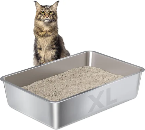 Vista 10 de Caja de arena de acero inoxidable, paquete de 2 cajas de arena de metal para gatos, caja de arena XL de acero inoxidable para gatos de 17.7 x 13.8 x