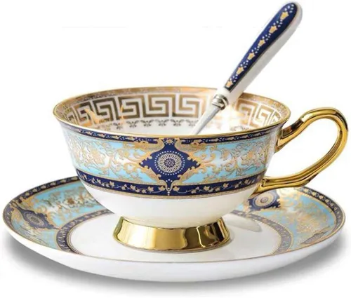 Vista 12 de YBK Tech - Juego de tazas y platillos de porcelana estilo europeo, taza de café de cerámica para el hogar, cocina, boda (patrón de leopardo)