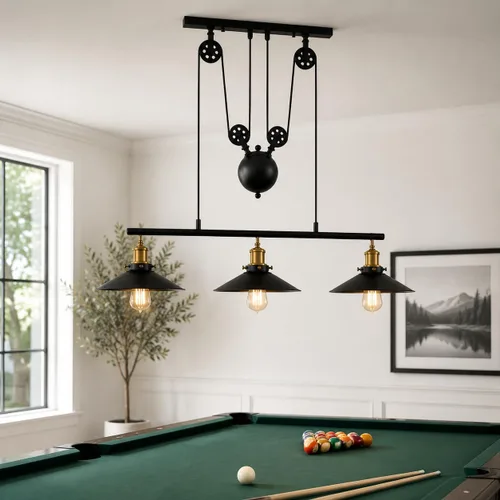 Vista 8 de WINSOON Lámpara de 3 cabezas con diseño de poleas creativo, hierro pintado de negro, luz para isla, bar, colgante retro Matte Black Metal E26