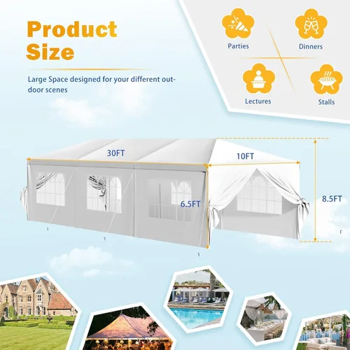 Vista 7 de Flamaker Carpa de fiesta resistente de 10 x 30 pies, toldo impermeable para bodas con paredes laterales extraíbles y 2 puertas, perfecto