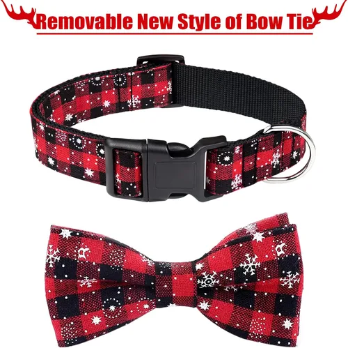 Vista 6 de Malier Paquete de 2 collares de perro con pajarita, collar clásico de Navidad con copo de nieve y hebilla ajustable ligera, adecuado para perros