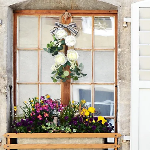 Vista 2 de Giegxin 2 guirnaldas de eucalipto de 17 pulgadas para puerta delantera, estampado floral artificial, primavera, granja, lágrima, con cinta, rústico