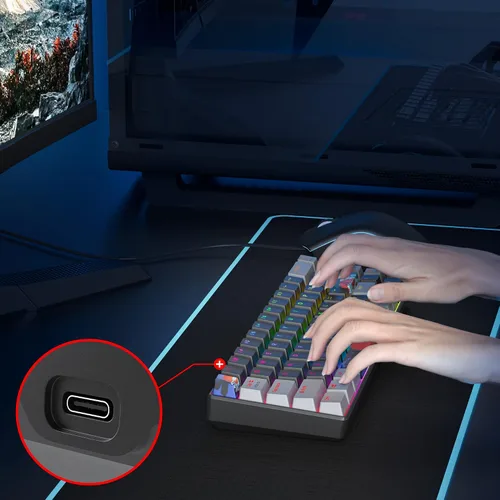 Vista 5 de Teclado mecánico 65% de 68 teclas con cable para juegos con interruptor rojo, efecto de iluminación RGB, teclas PBT, mini teclado ultracompacto