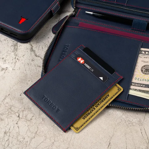 Vista 3 de TORRO Cartera de viaje Organizador de viaje de cuero genuino con soporte para pasaporte y tarjetero desmontable, Azul marino con detalle rojo