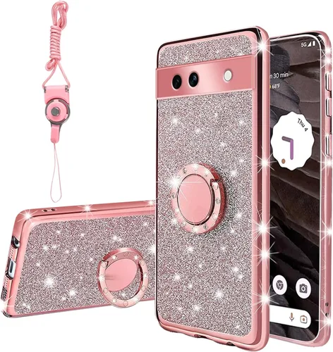 Vista 47 de Funda compatible con Google Pixel 6 Pro para mujer, con purpurina, suave, elegante, transparente, TPU de lujo, bonita funda protectora con correa
