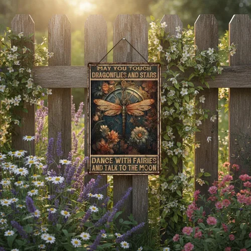 Vista 2 de Letreros de metal vintage retro con texto en inglés «May You Touch Dragonflies and Stars Dance With Fairies And Talk To The Moon», letrero de metal