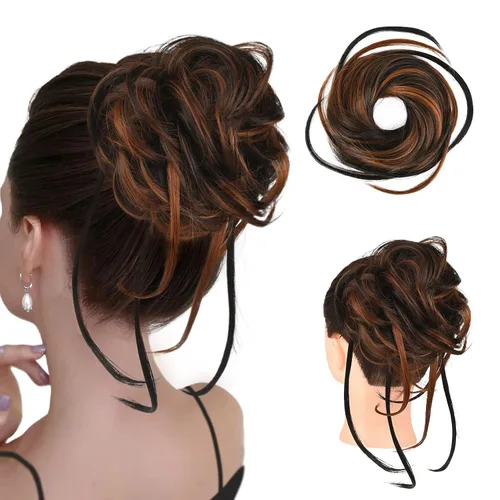 Vista 22 de HOOJIH Pieza de pelo desordenado de moño – Extensiones superlargas despeinadas, cola de caballo ondulada con banda elástica para mujeres y niñas