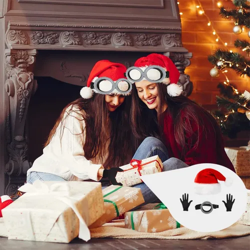 Vista 3 de Juego de sombrero de Papá Noel, 3 piezas, gafas, sombrero de Navidad, guantes para hombres y mujeres, juego de fiesta de cosplay, 2 rojo
