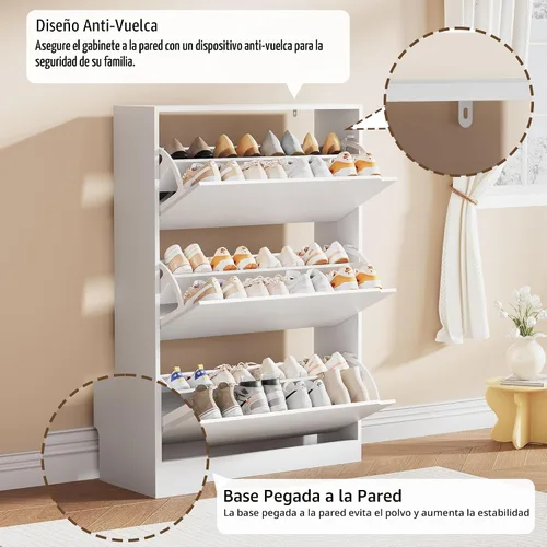 Vista 5 de Armario de almacenamiento de zapatos, organizador de zapatos de madera para entrada con 3 cajones abatibles, zapatero independiente con estante